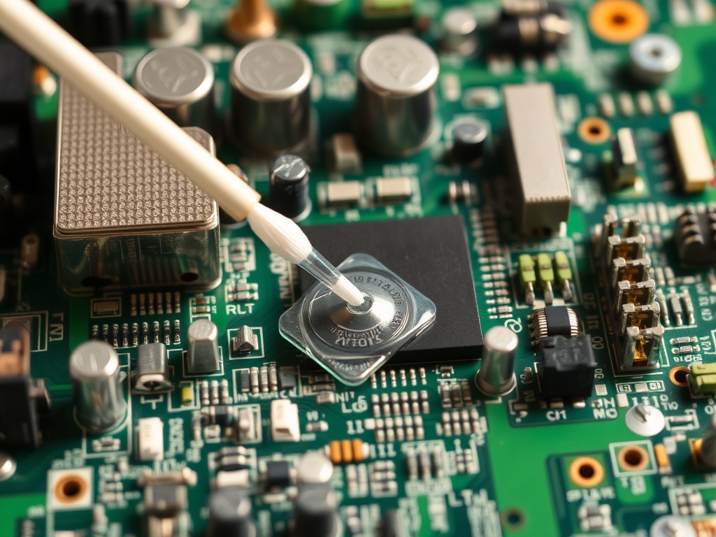 vintage motherboard being cleaned with cotton swab and alcohol, precise careful work