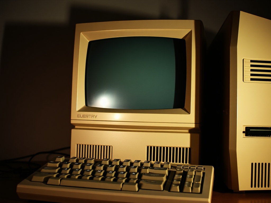 A close-up shot of a vintage desktop computer from the 80s, featuring a bulky CRT monitor, mechanical keyboard, and beige tower in a dimly lit room.