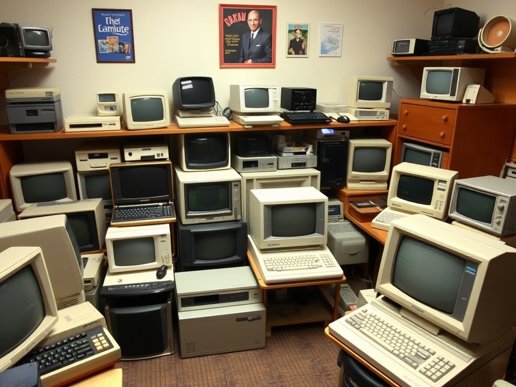 A collection of retro computers, arranged neatly in a vintage-themed room, showcasing a variety of machines from the 70s and 80s.