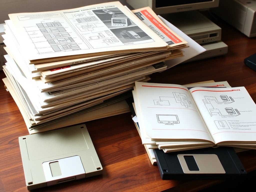 A stack of vintage computer manuals and floppy disks, placed on a wooden desk. Some open to reveal diagrams and schematics of early computer systems.