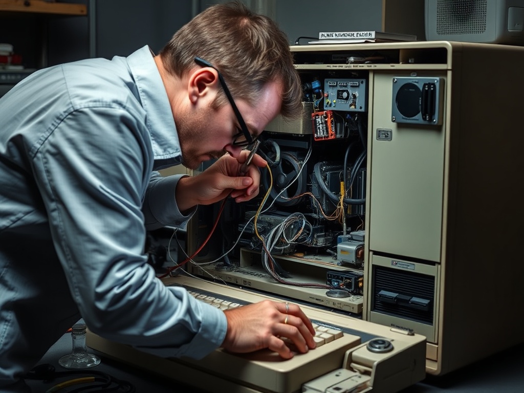 A technician carefully repairing the inside of a vintage computer, using tools and replacement parts to restore it to working condition.
