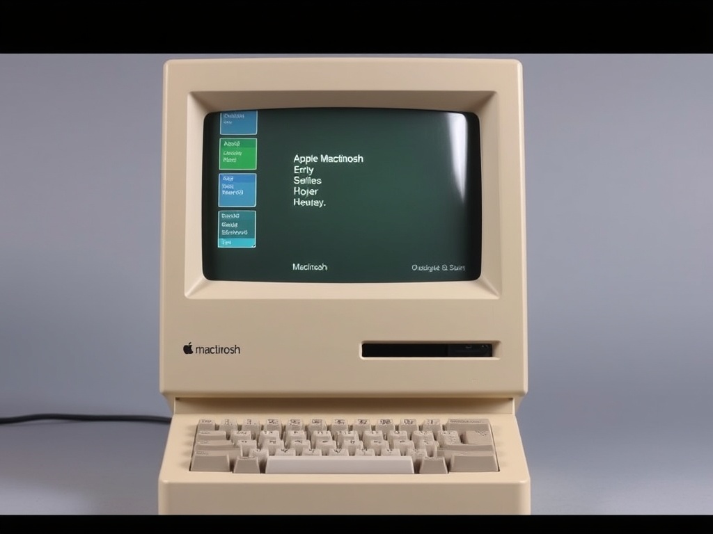 A vintage Apple Macintosh with a classic beige exterior, displaying an early version of macOS in its graphical interface.