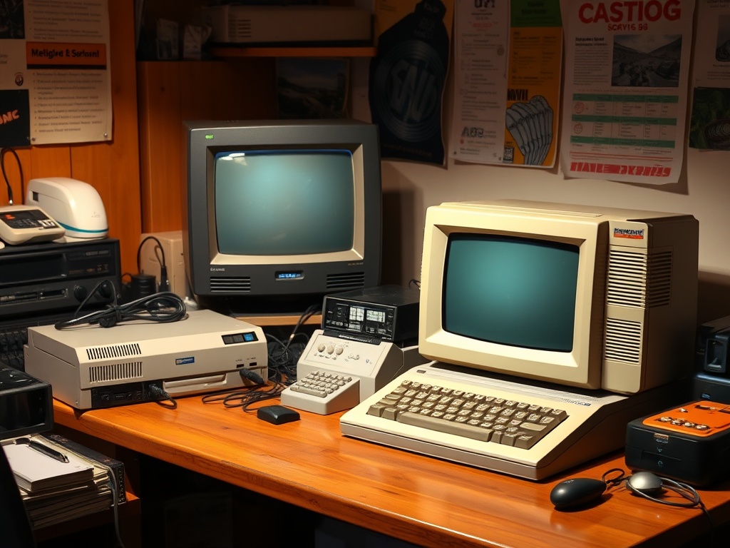a cluttered desk with vintage computers including a Commodore 64 and CRT monitor under warm lighting