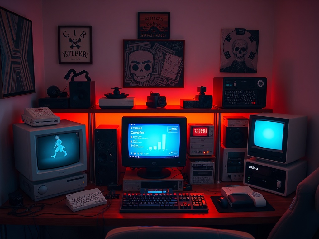 a curated retro computer setup with warm lighting, neatly arranged hardware, and a sense of nostalgic pride