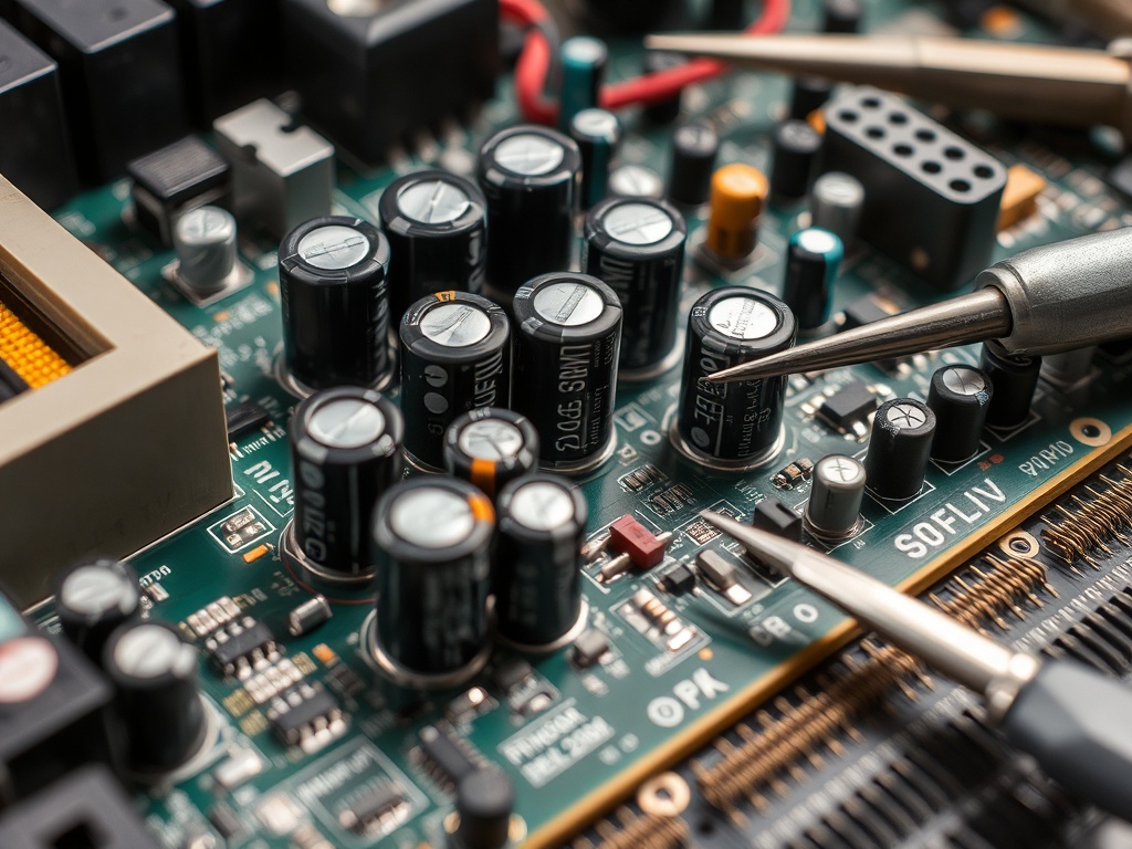 close-up of a vintage computer motherboard with visible capacitors and soldering tools nearby