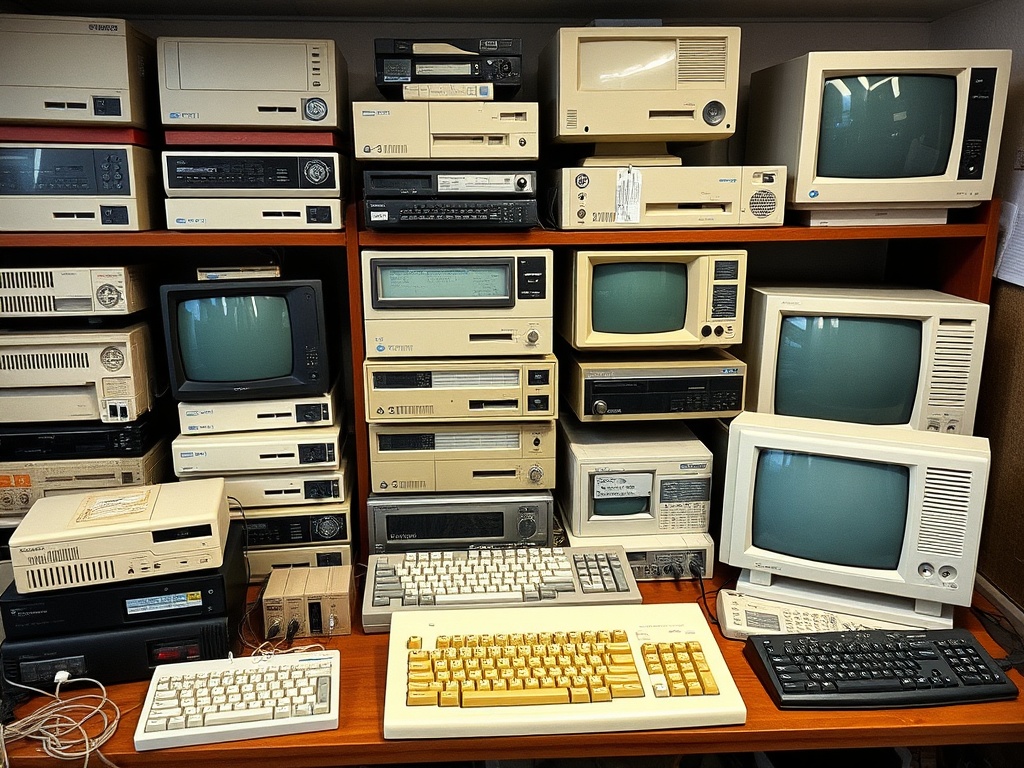 collection of retro computer peripherals including floppy drives, vintage keyboards, and CRT monitors arranged neatly