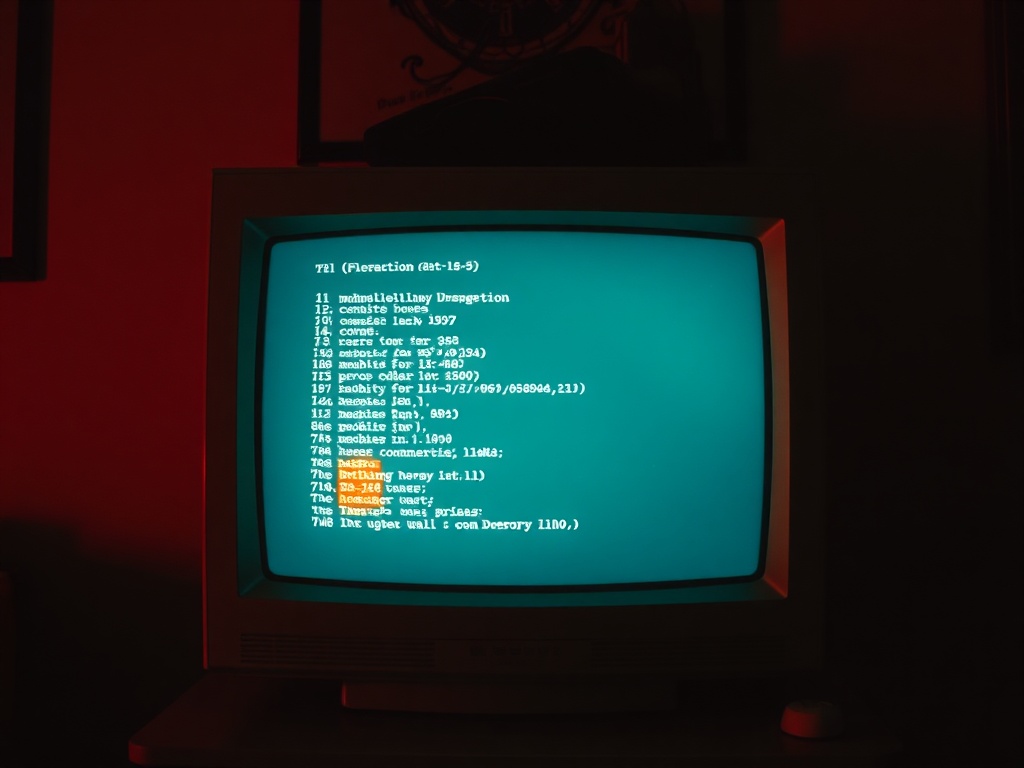 nostalgic scene of a glowing CRT screen displaying a classic command prompt in a dimly lit room