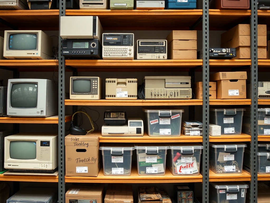 organized shelving unit filled with retro computers, labeled boxes, and protective storage bins