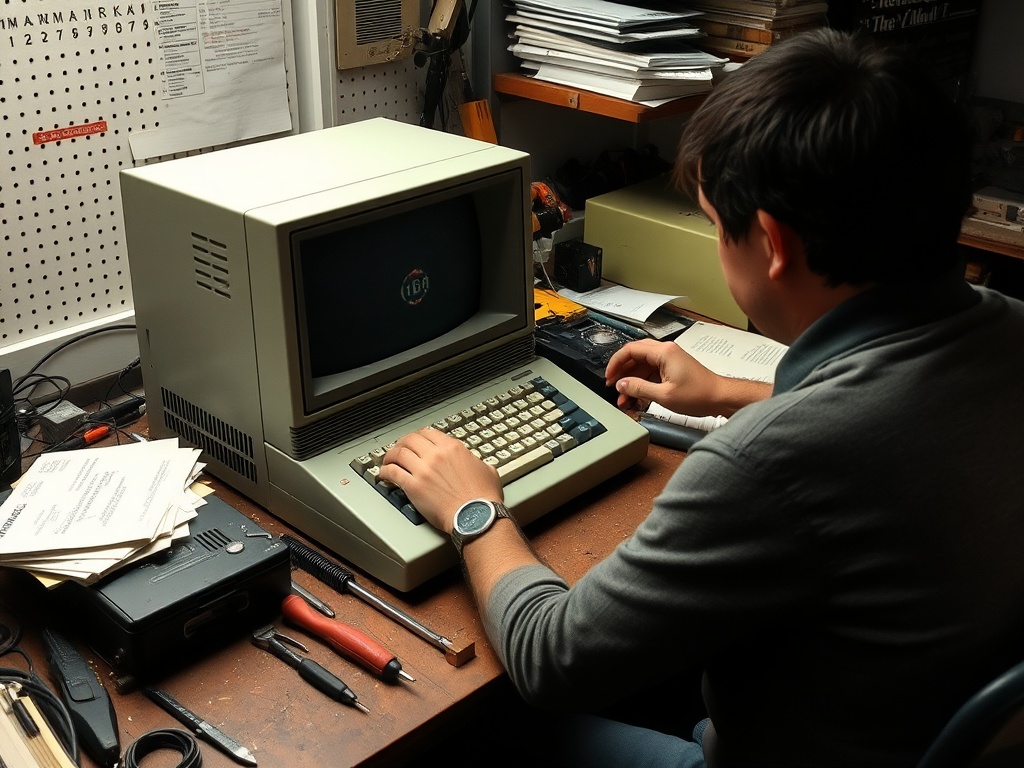 person carefully restoring a vintage computer at a workbench with tools and manuals scattered around