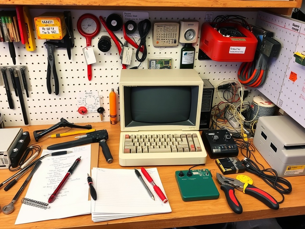 retro computing workspace with labeled tools, organized parts, and a notebook for tracking repairs