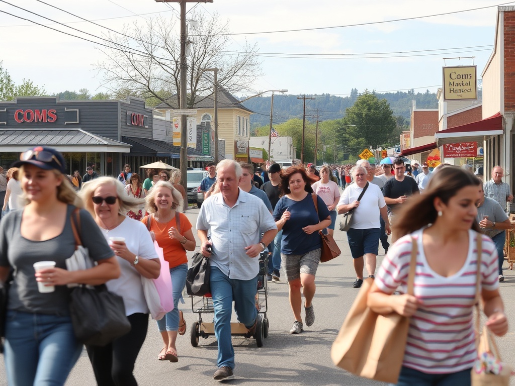 busy weekend scene with people rushing between errands and activities in a small town