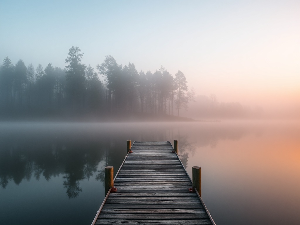 early morning at Rideau Lakes dock with soft mist and still water reflecting trees
