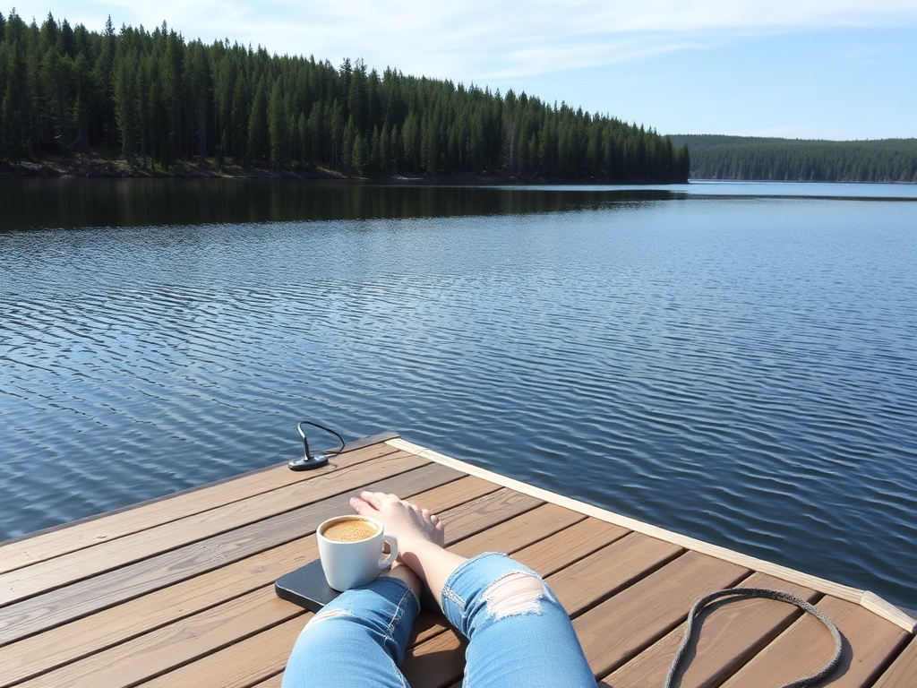 person sitting on wooden dock with coffee overlooking calm lake surrounded by trees