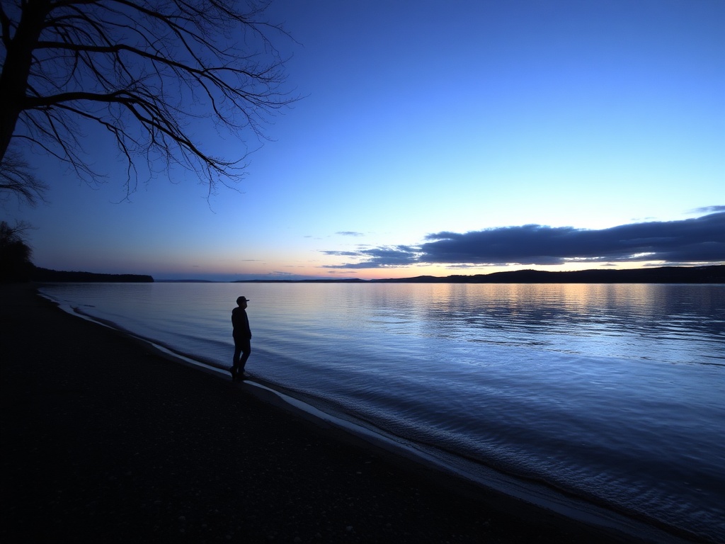 quiet lakeshore at dawn with a single person standing and looking over calm water