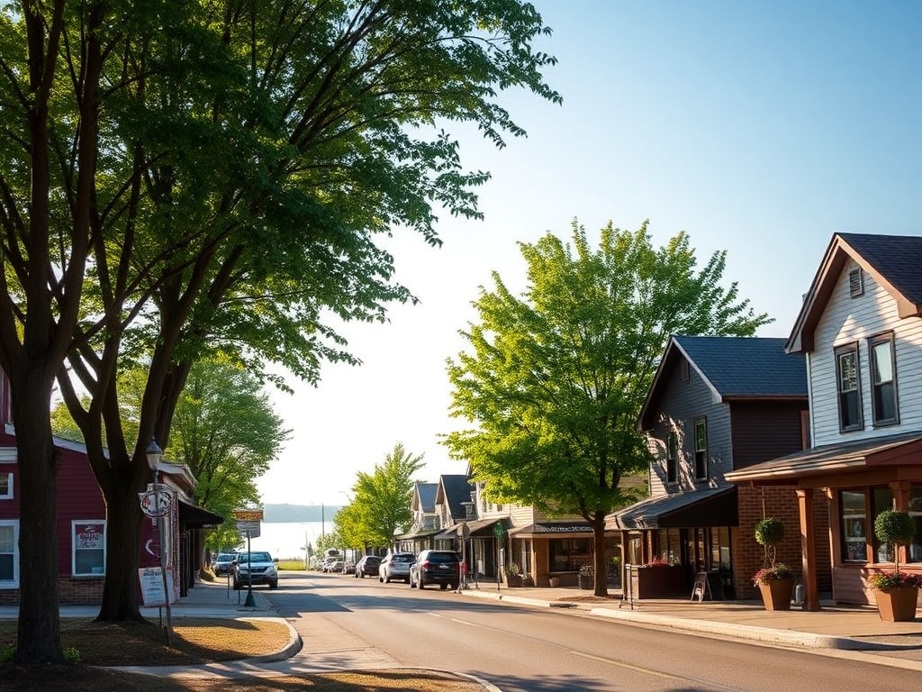 small Ontario lakeside village with trees, calm street, and local shops under soft daylight