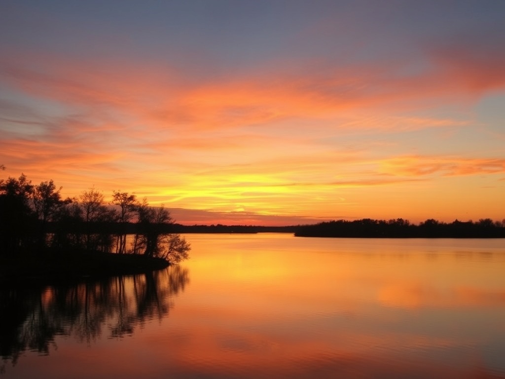 sunset over Rideau Lakes with warm orange sky reflecting on still water and tree silhouettes