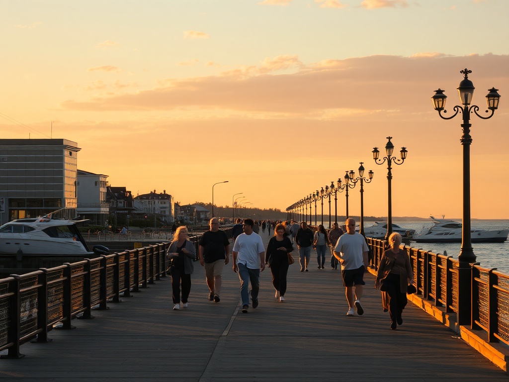 people walking along Rimouski promenade relaxed pace evening golden hour casual atmosphere