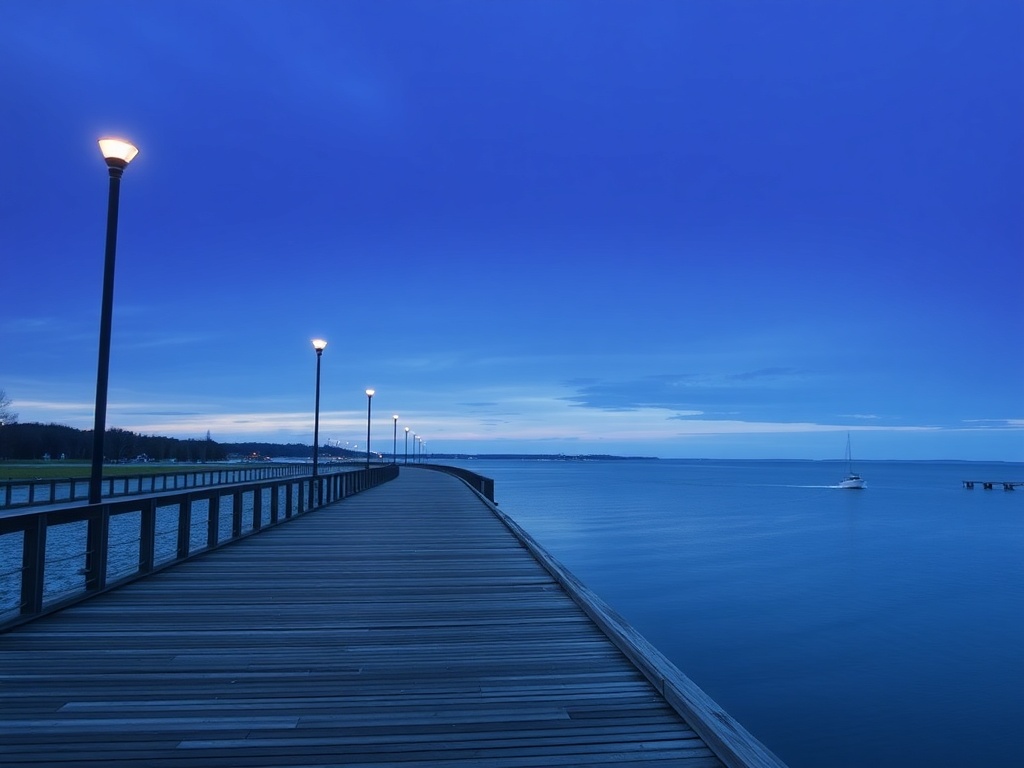 quiet Rimouski waterfront early morning soft light St Lawrence River calm empty boardwalk