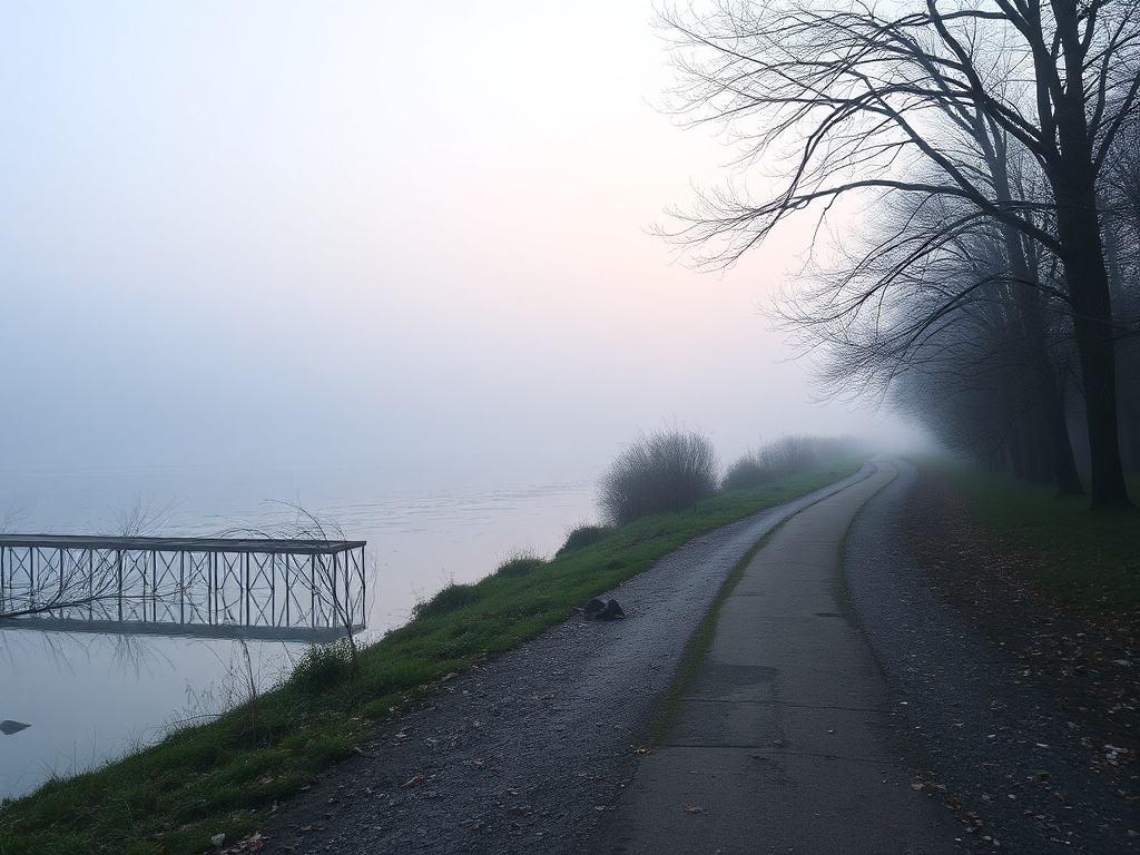 empty riverside path rivere du loup early morning mist calm water minimal crowd
