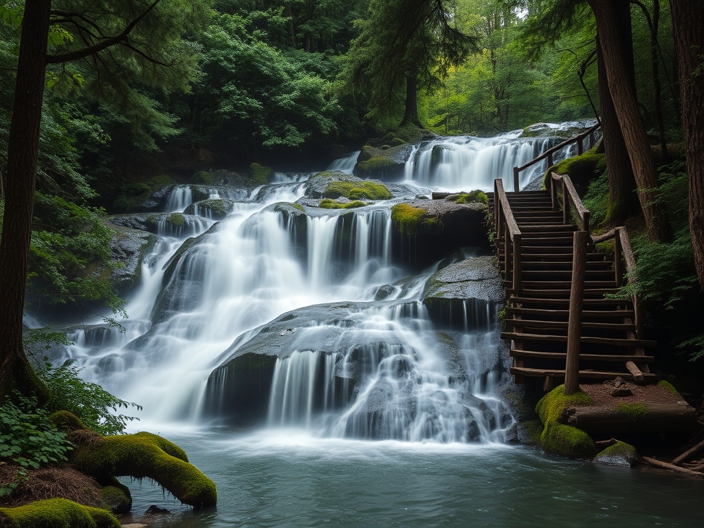 waterfall parc des chutes rivere du loup lush forest wooden stairs mist