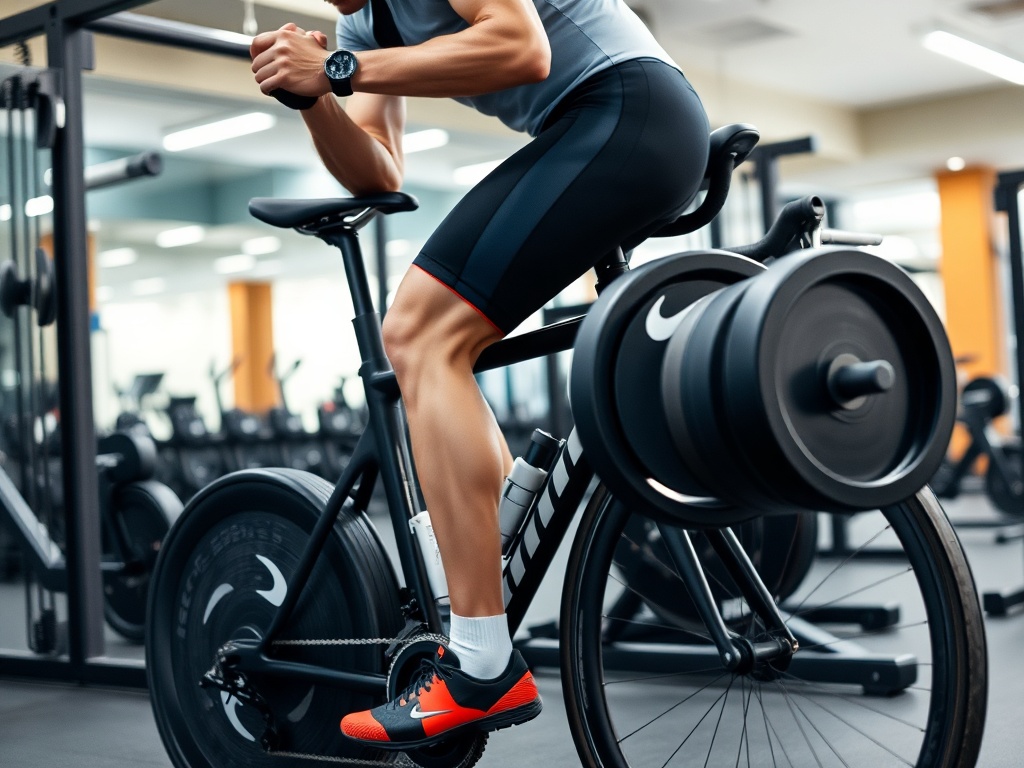 A cyclist lifting weights at the gym, focusing on strengthening leg muscles.