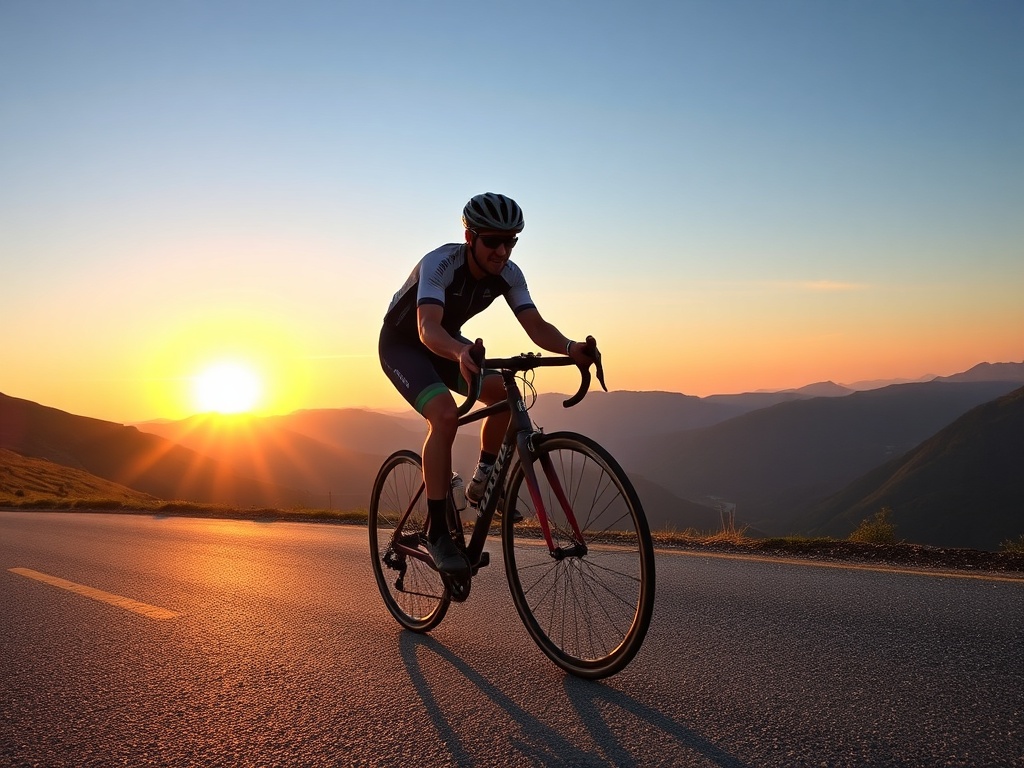 A cyclist on a scenic mountainous road, pushing hard on the pedals, with a stunning sunset in the background.