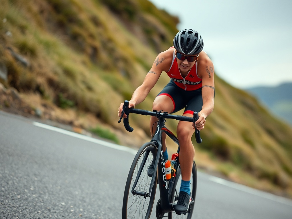 A cyclist racing up a steep hill with determination, pushing through an interval training session.