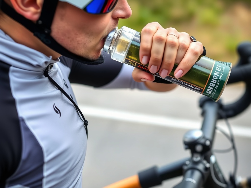 A cyclist refueling with energy gels and drinking from a water bottle during a ride.