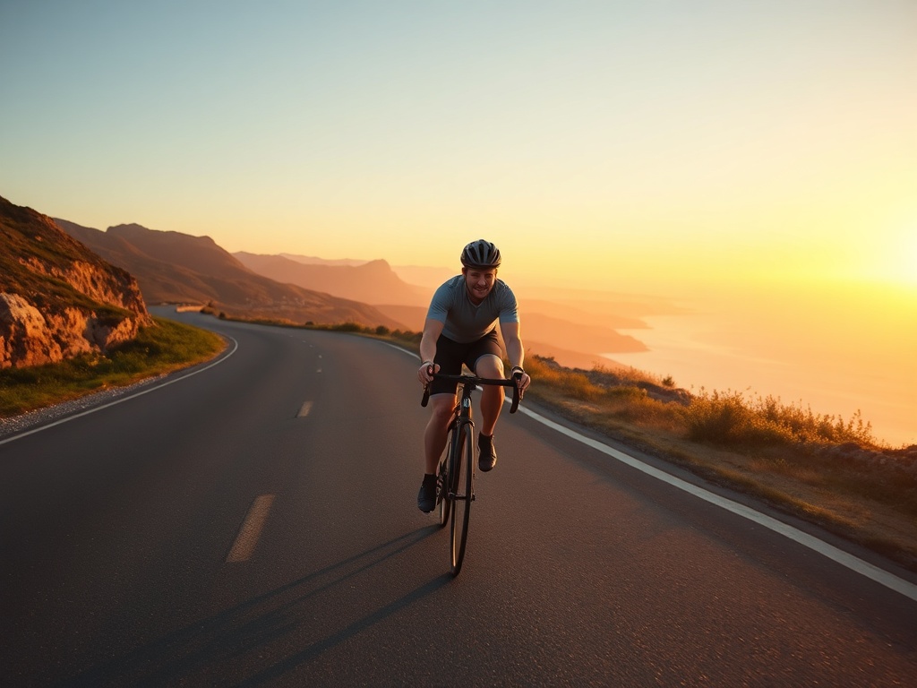 a solo road cyclist riding steadily on a long winding coastal road at golden hour, calm focused expression, smooth cadence