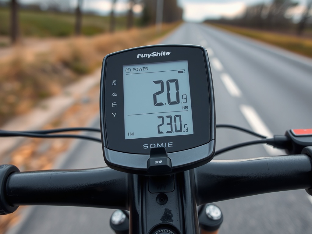 close-up of cycling computer showing steady power output and heart rate, handlebars and road ahead slightly blurred