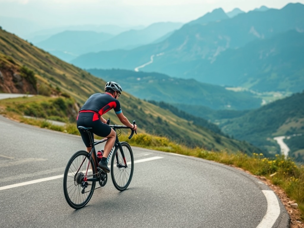 cyclist climbing a hill seated, maintaining smooth cadence and controlled effort, scenic mountain road