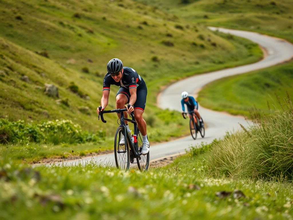 cyclist struggling on rolling hills with uneven effort, contrasted with another rider maintaining smooth cadence in background