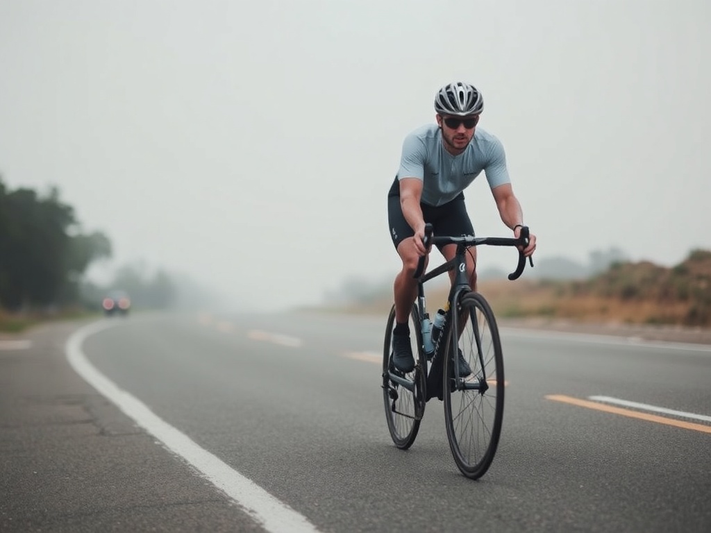 minimalist scene of cyclist riding alone on empty road, emphasizing focus and discipline, muted tones