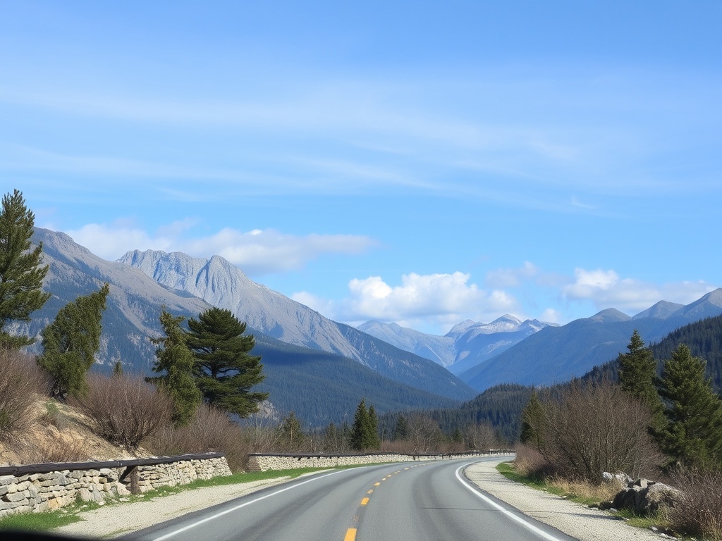 mountainous terrain road trip with trees and open sky