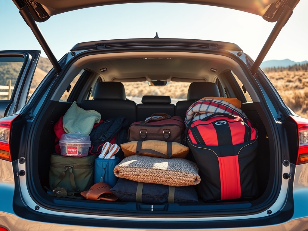 packing essentials for a road trip with a car trunk filled