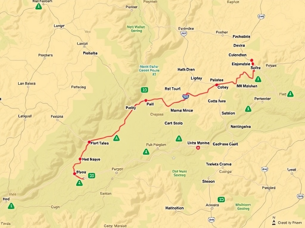 road trip route map with scenic routes and rest stops