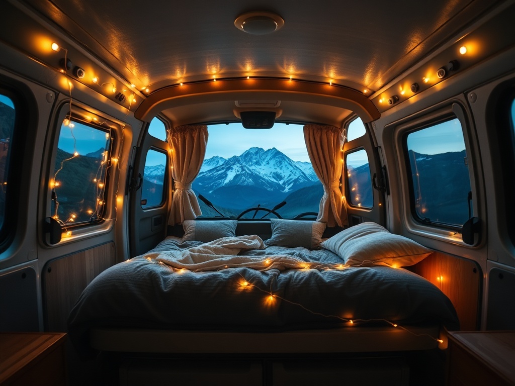 camper van interior cozy bed setup with fairy lights, mountains visible through rear doors, warm night ambiance