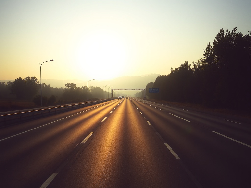early morning empty highway with soft light, peaceful road trip moment, minimal traffic