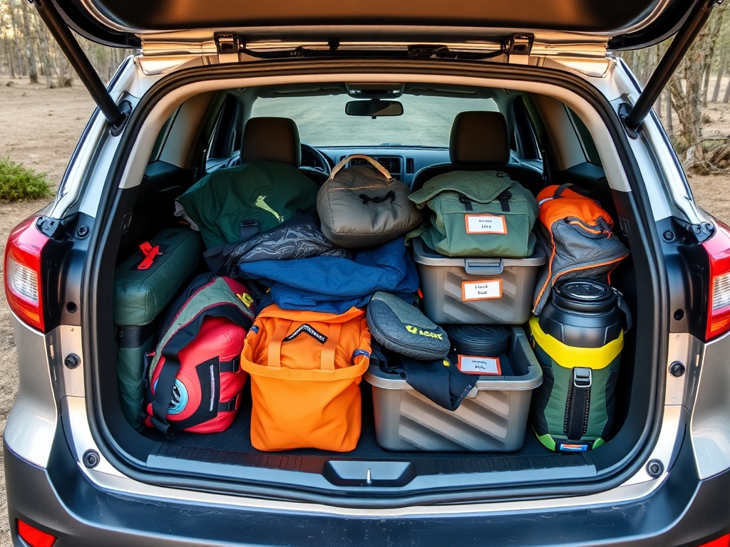 minimalist car trunk organized with camping gear, labeled bins, clean efficient packing setup