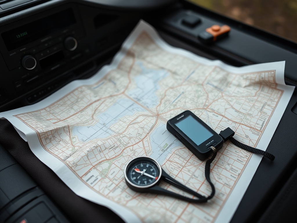 paper map spread on dashboard with GPS device and compass, rugged outdoor navigation setup