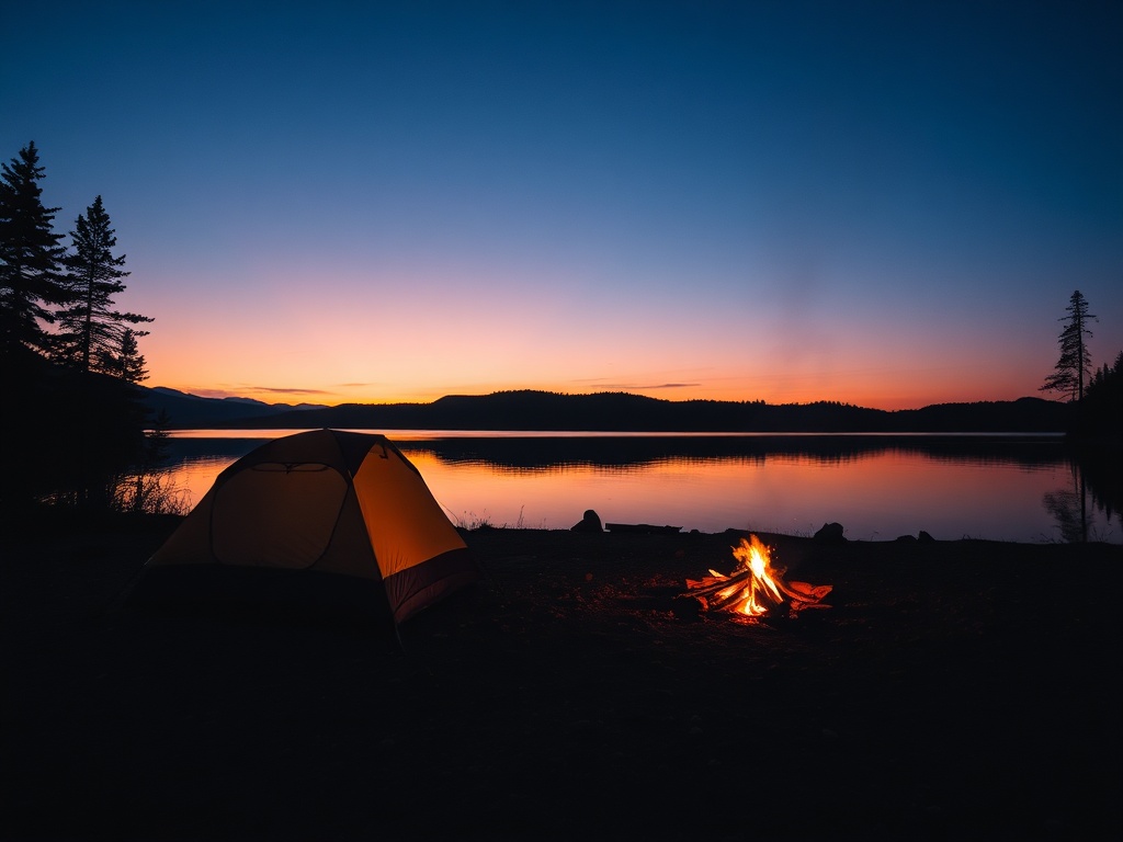 quiet lakeside campsite with tent and campfire at dusk, peaceful atmosphere, reflection on water