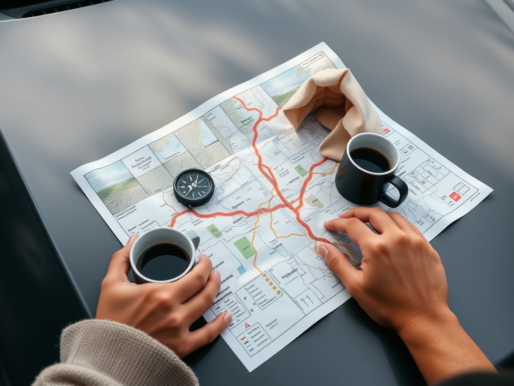 road map spread on car hood with coffee mug and compass, hands tracing route, outdoors travel planning aesthetic