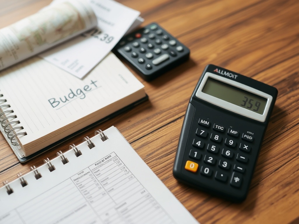 road trip budget notebook with receipts, calculator, and map on wooden table, travel planning scene