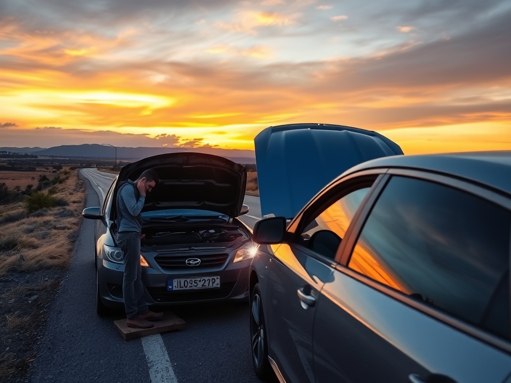 roadside repair scene with car and open hood at sunset, traveler calmly fixing issue, dramatic sky