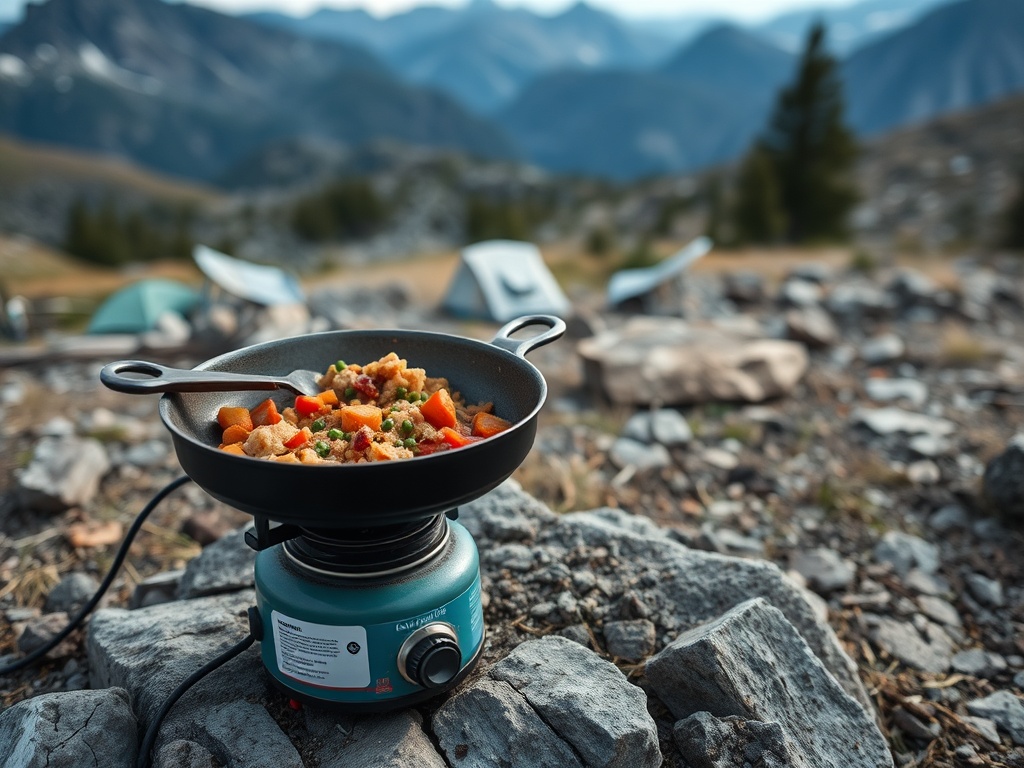 simple camp cooking setup with portable stove, skillet meal cooking outdoors, mountains in background