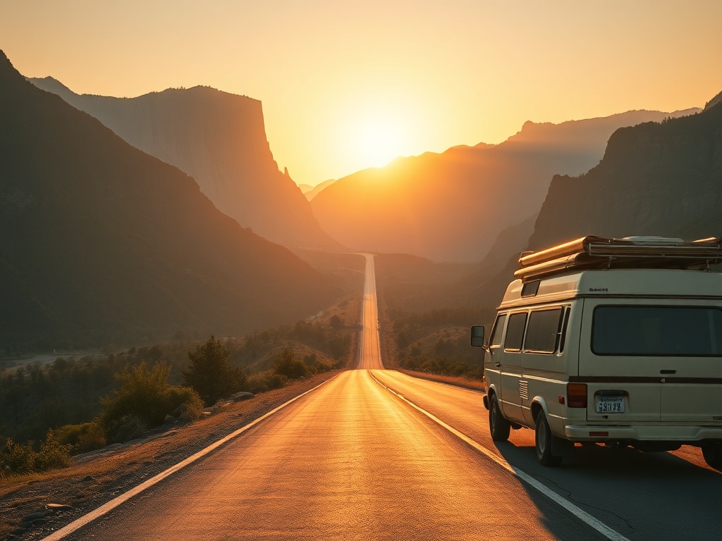 sunrise highway stretching through mountains, camper van parked at scenic overlook, warm golden light, cinematic road trip mood