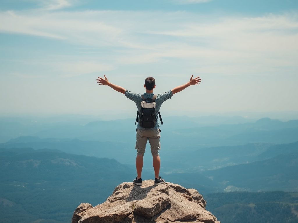 traveler standing on cliff overlooking vast landscape, arms open, sense of freedom and adventure