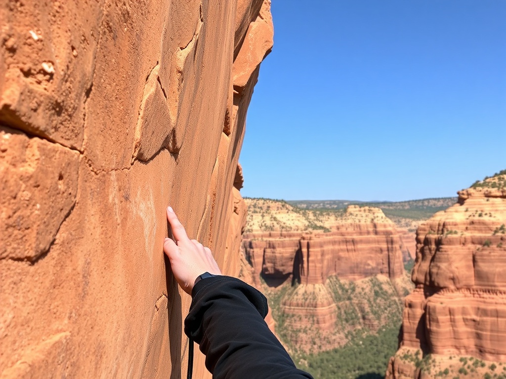 climber jamming hand into vertical crack on sandstone cliff