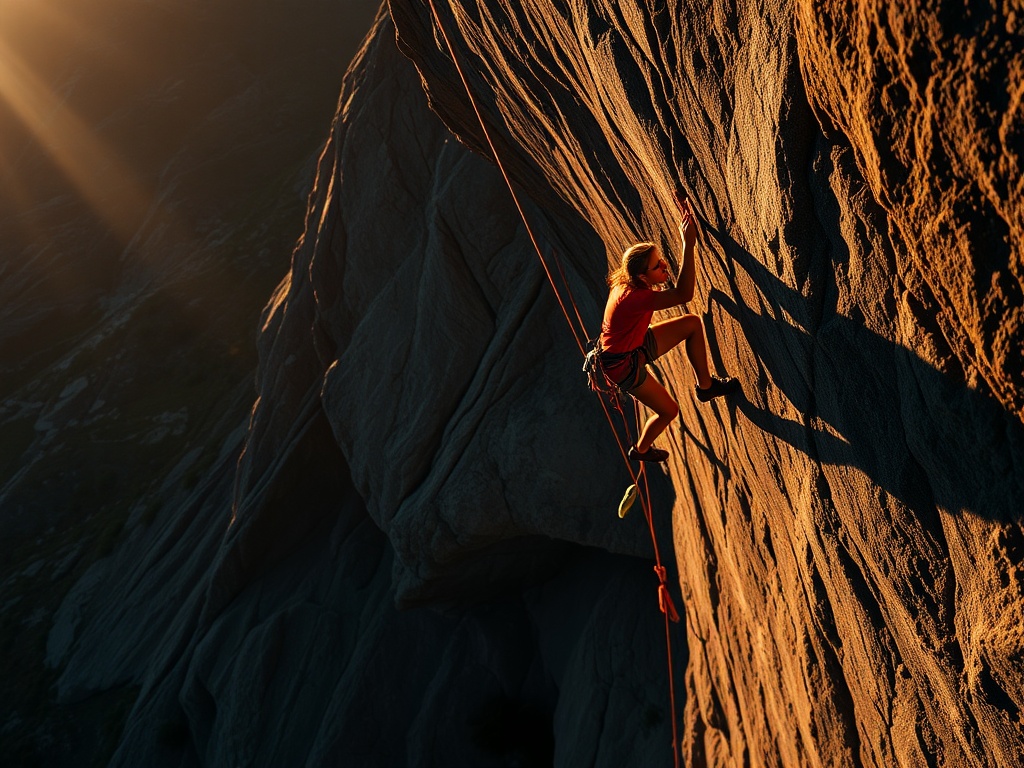 climber using heel hook on steep overhang with dramatic lighting