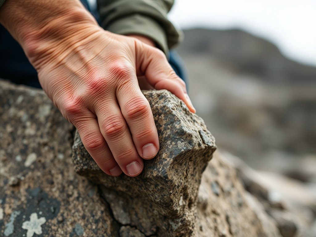 close-up of hands crimping on small rock hold